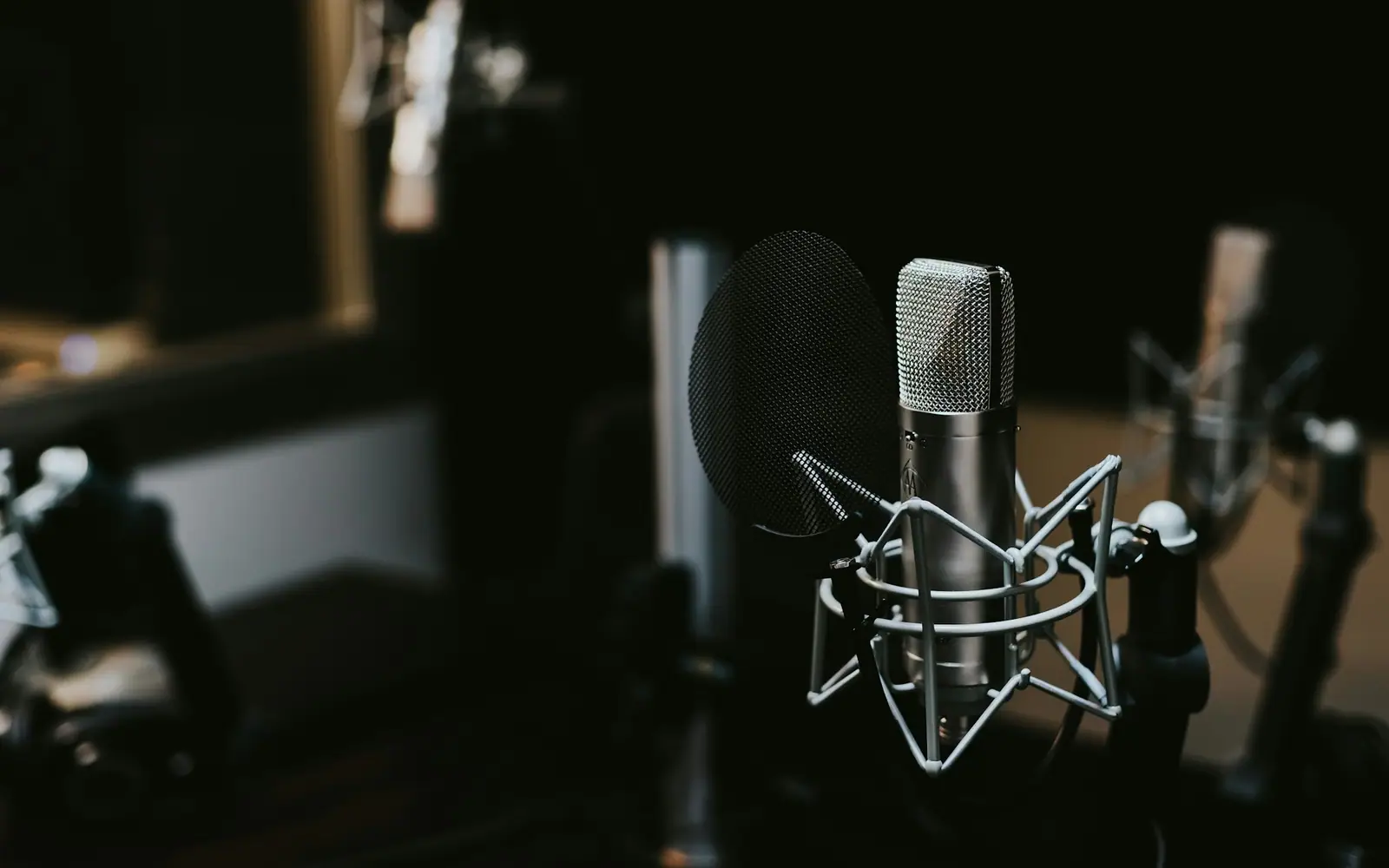 Condenser microphone with a pop filter in a dimly lit recording studio